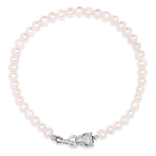 Womens Pearl Choker with Silver Panther Head