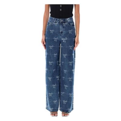 Blå Sløjfe Print Wide-Leg Jeans