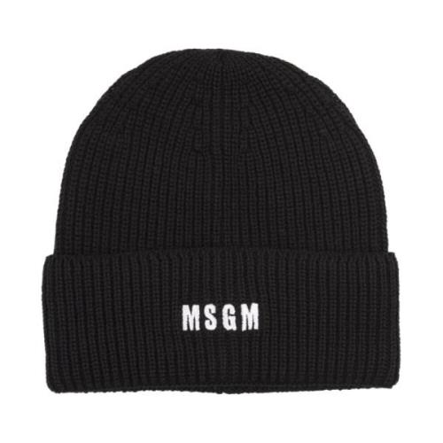 Sort Ribstrikket Beanie med Logo