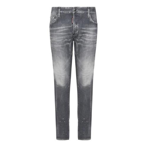 Slim-Fit Grå Used-Wash Denim Biker Jeans