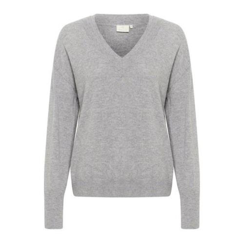 Grå Melange V-Hals Pullover Sweater