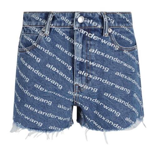 Dyb Blå/Hvid Logo Print Højtaljede Shorts