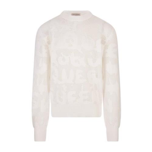 Hvid Crew-Neck Sweater med Graffiti Mønster