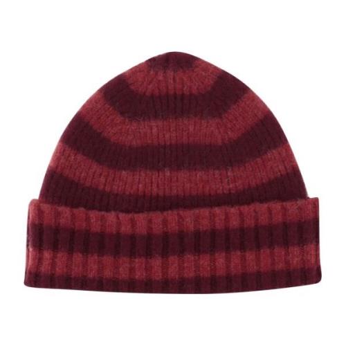 Stribet Uld Beanie Rød Burgund