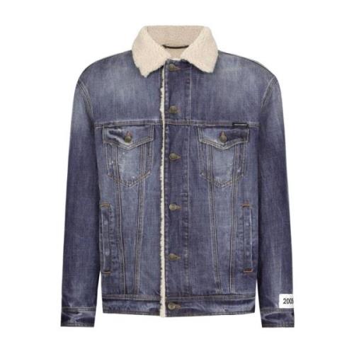 Blå Denim Shearling Trim Frakke