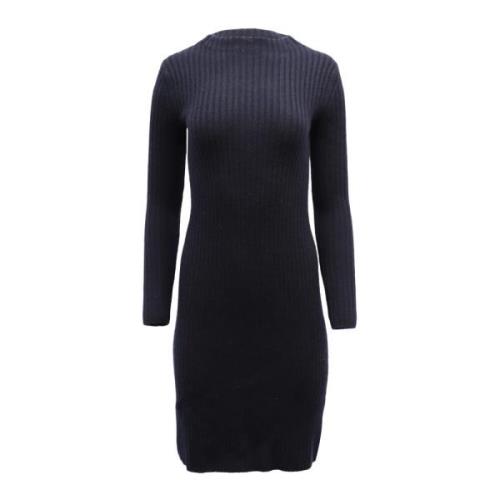 Navy Blue Ribbed-Knit Langærmet Kjole