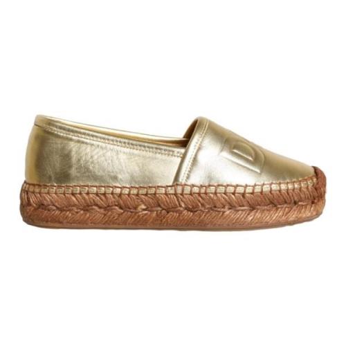 Guld Læder Loafers Flats Espadriller Sko