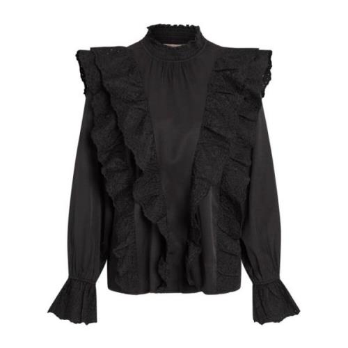 Sort Broderet Ruffle Bluse