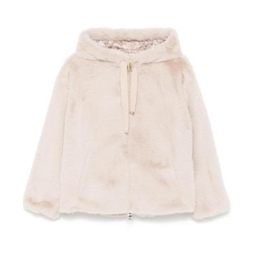 Beige Faux-Fur Lynlås Hættejakke