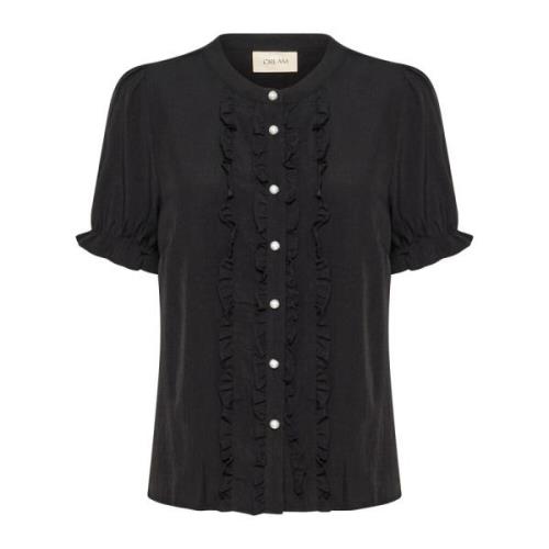 Sort Ruffle Bluse med Mandarin Krave