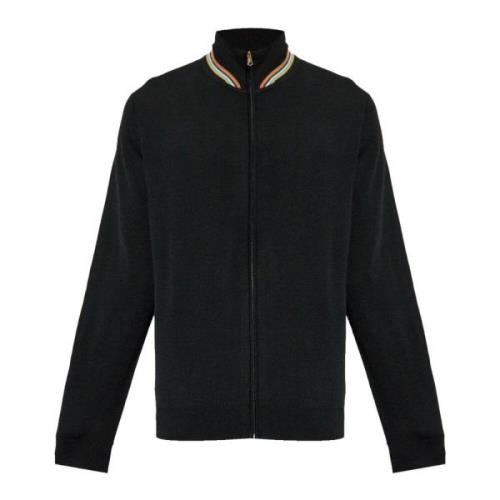 Merino Zip Cardigan Sort Striber Høj hals