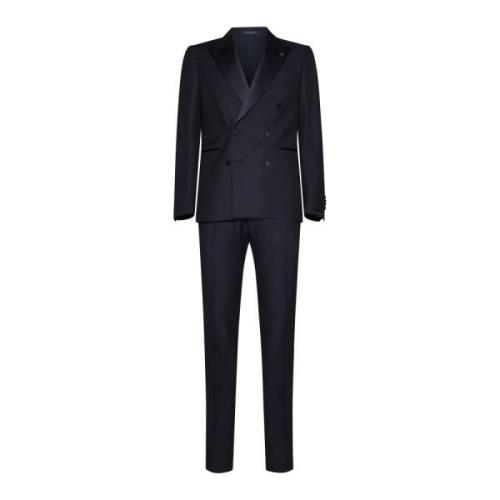 Blå Jacquard Satin Trim Suit Sæt