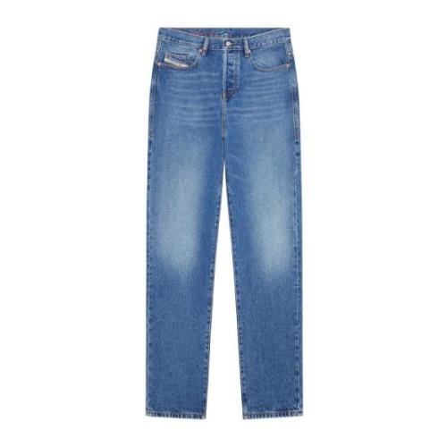 Blå Straight Button Fly Stretch Jeans