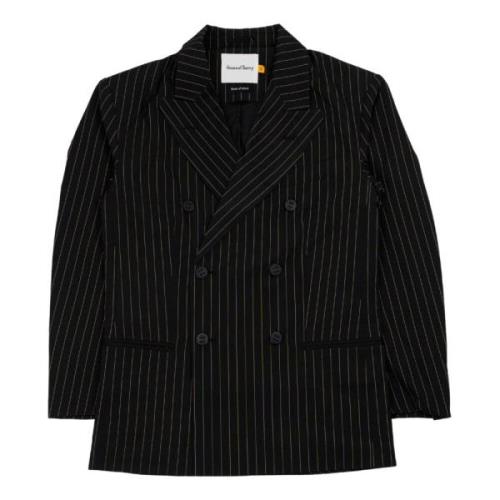 Sort Pinstripe Broderet Dobbelt-Brydet Blazer