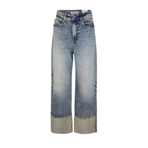 Blå Wide Leg Jeans Funktionelle Lommer