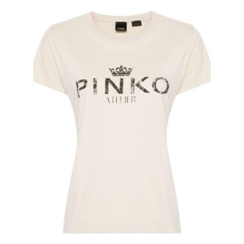 Beige Jersey T-shirts med Logo Print