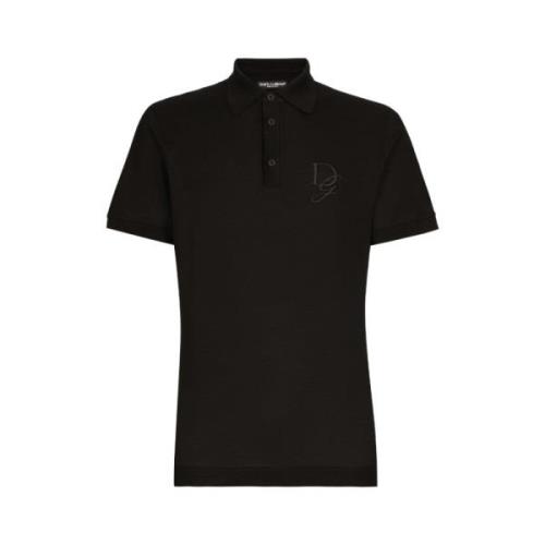 Sort Broderet Jersey Polo Skjorte