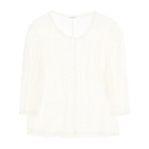 Linned V-hals Bluse med Frynsede Kanter