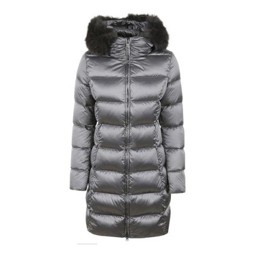 Grå Lang Puffer Frakke med Faux Fur Hood