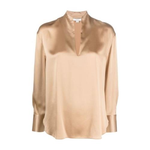 Beige Silke Slids Hals Bluse