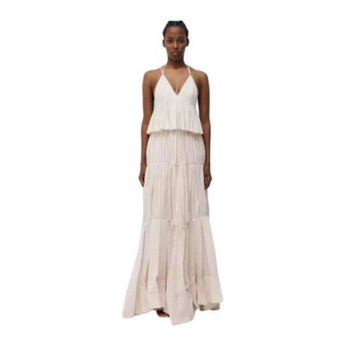 Beige Maxi Kjole med Dyb V-Hals