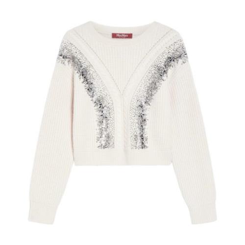 Hvid Uld Cropped Sweater med Spejlbroderi