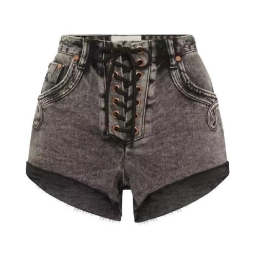 Højtaljede Sort Marmor Denim Shorts