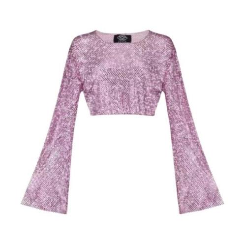 Pink Mesh Crop Top med krystalpynt