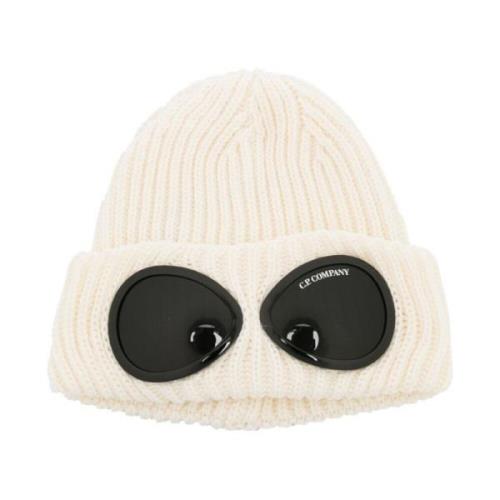 Hvid Uld Ribstrikket Beanie med Linser