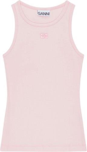 Ganni Soft Cotton Rib Tank Top Kvinde Chalk Pink Tanktoppe Str L - hos...