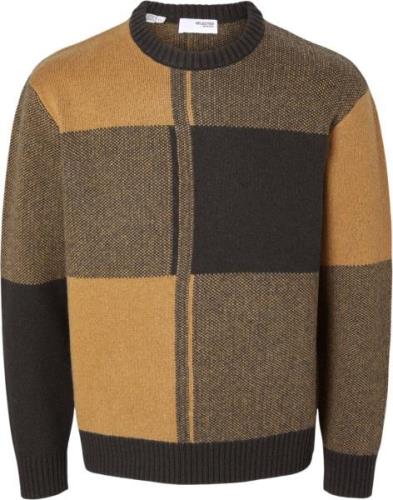 Selected Homme Slhmeio LS Knit Relaxed Block Crew Mand Chocolate Torte...