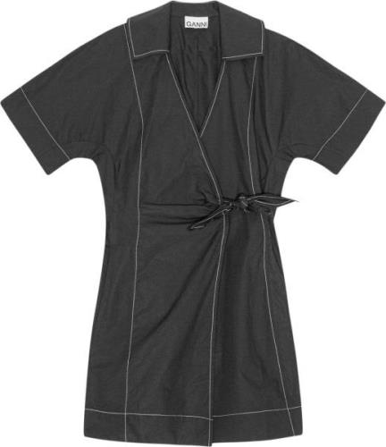 Ganni Cotton Poplin Wrap Mini Dress Kvinde Black Korte Kjoler Str 40 -...