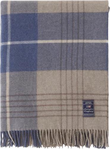 Lexington Denim Blue/beige Checked Recycled Wool Throw Denim Blue/beig...