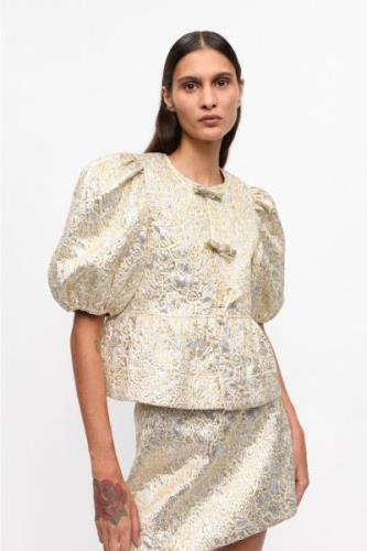 Ganni Metallic Cloque Peplum Blouse Kvinde Gold/silver Langærmede Blus...